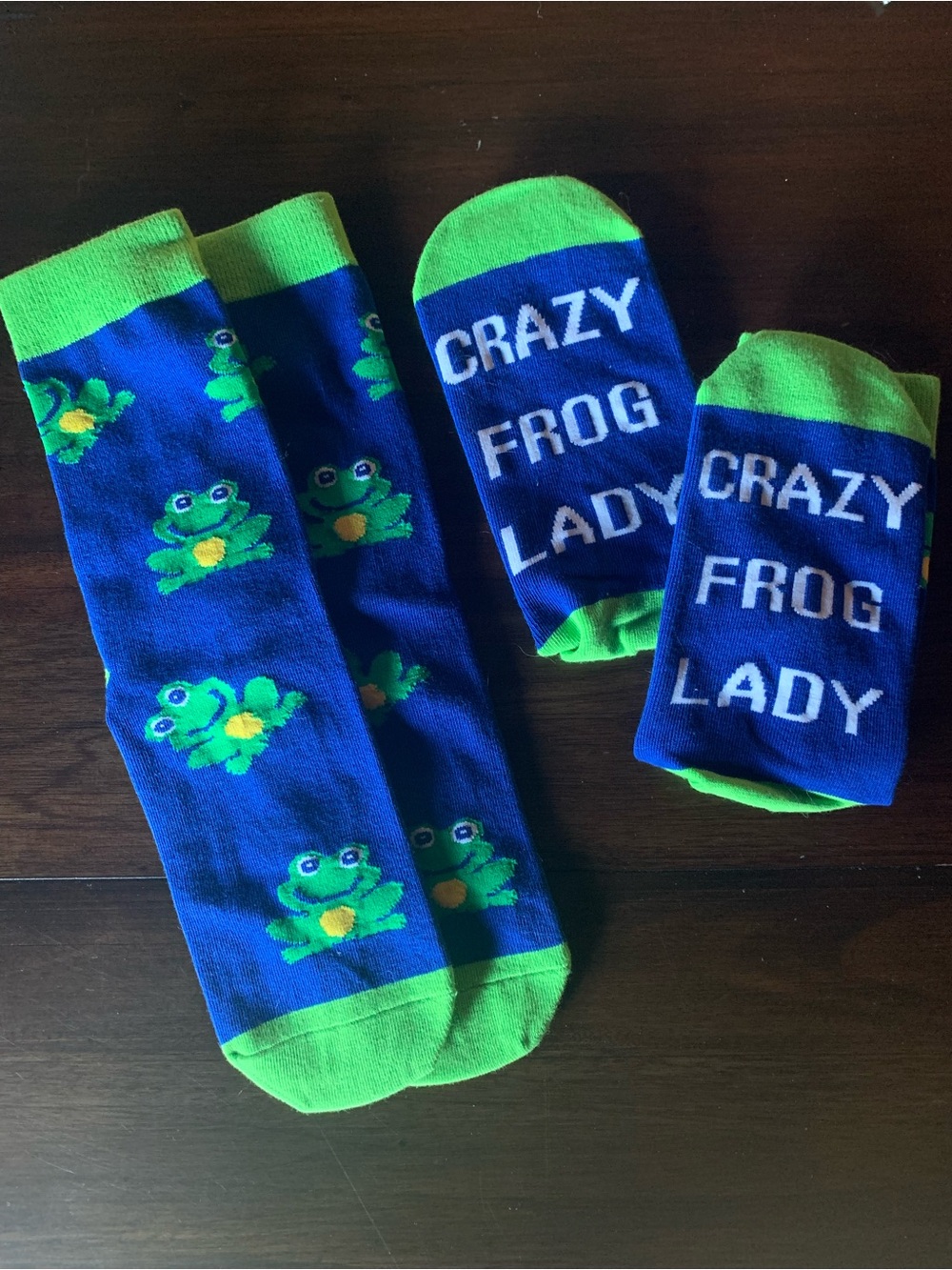 Crazy Frog Lady Blue & Green Novelty Socks - women NWOT